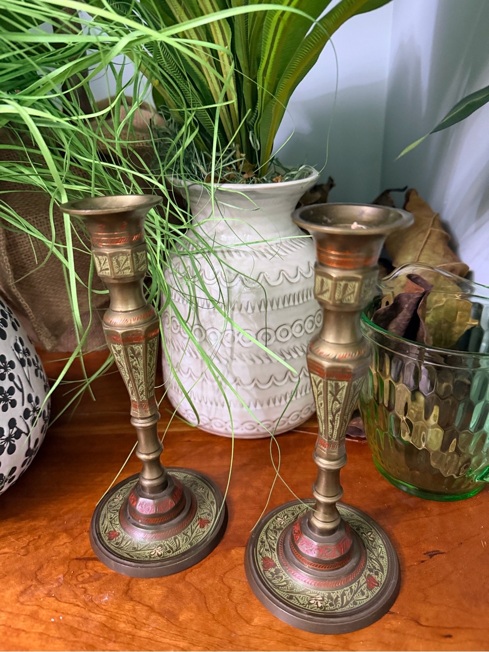 Vintage 1982 Stamped Indian Brass & Enamel Candlesticks β Matching Pair